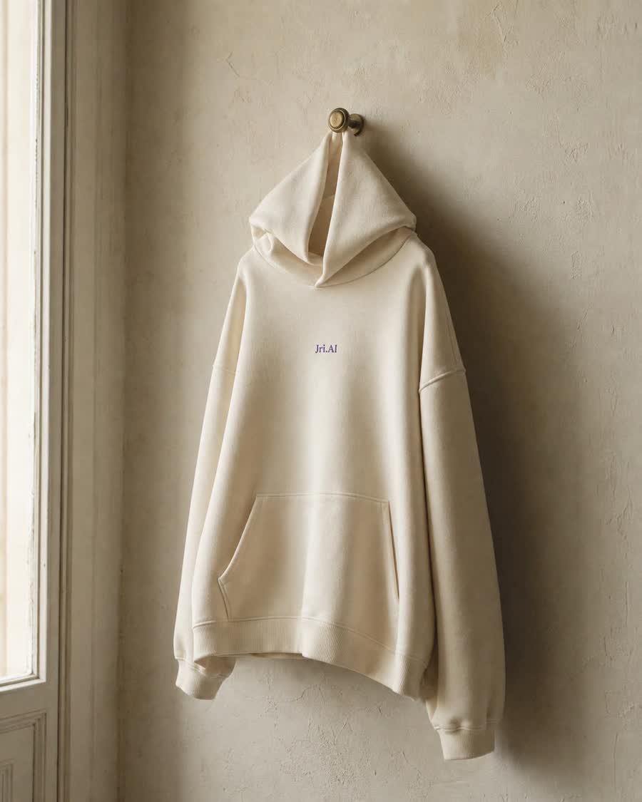Undyed ecru hoodie with small ink-violet wordmark
