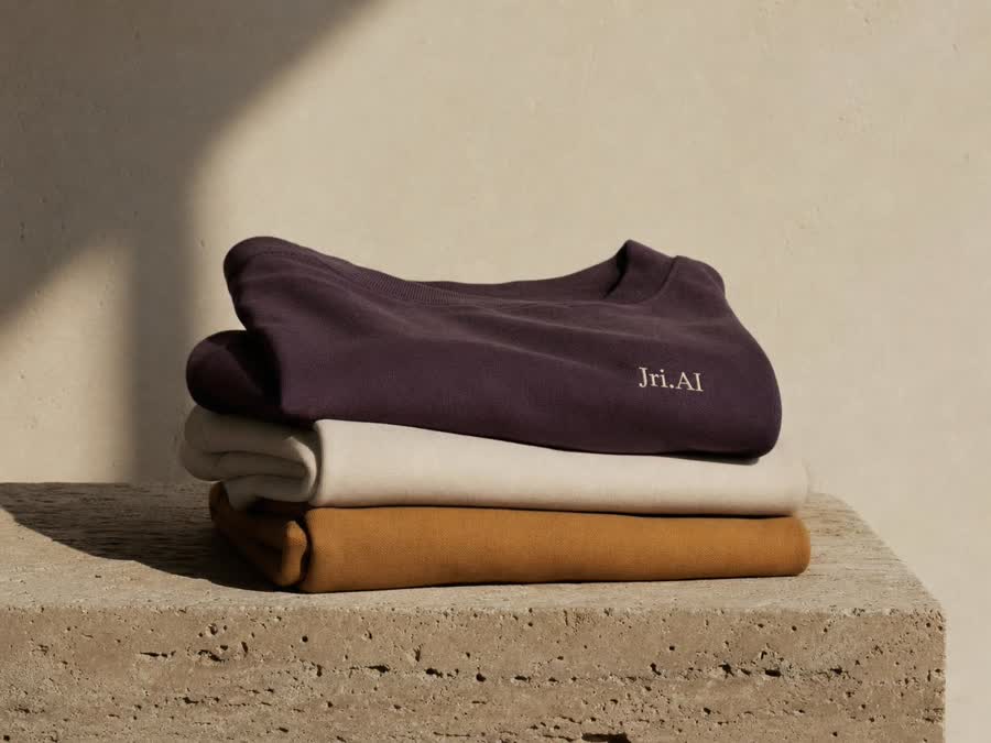 Folded tees in ink-violet, ecru and ochre on travertine