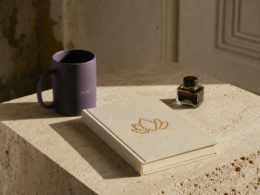 Ink-violet mug, linen notebook and ink bottle on travertine