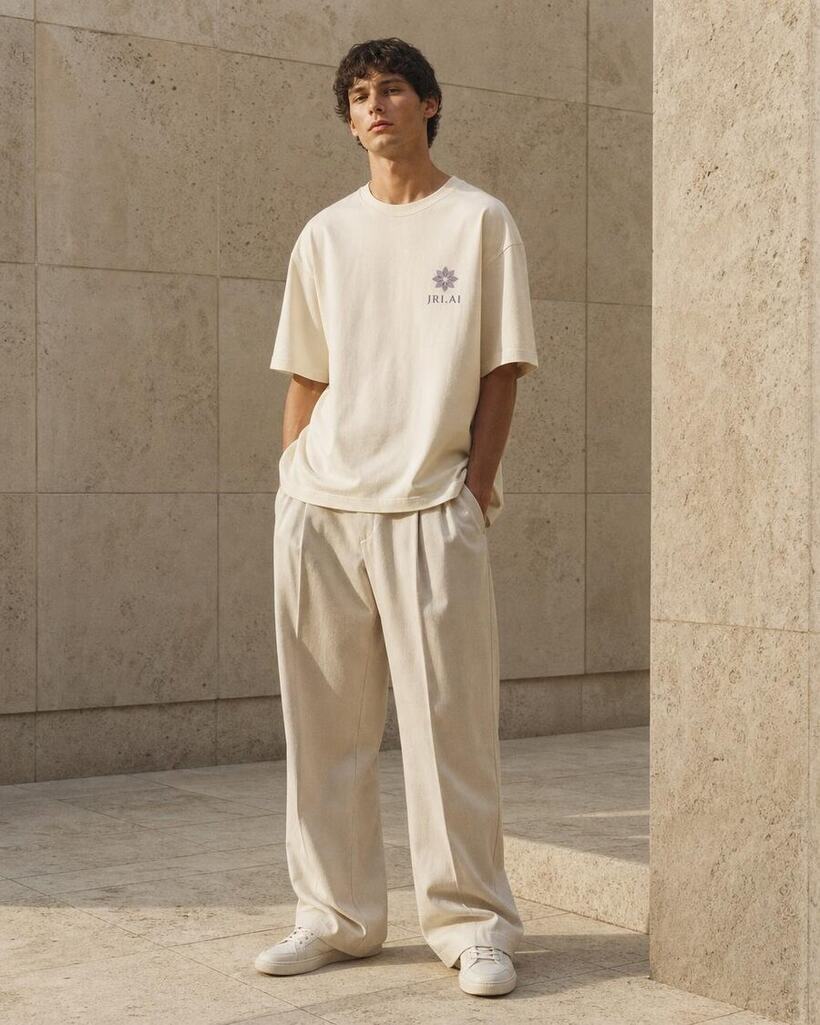 Ecru tee with the Jri.AI lotus mark and JRI.AI wordmark on the chest
