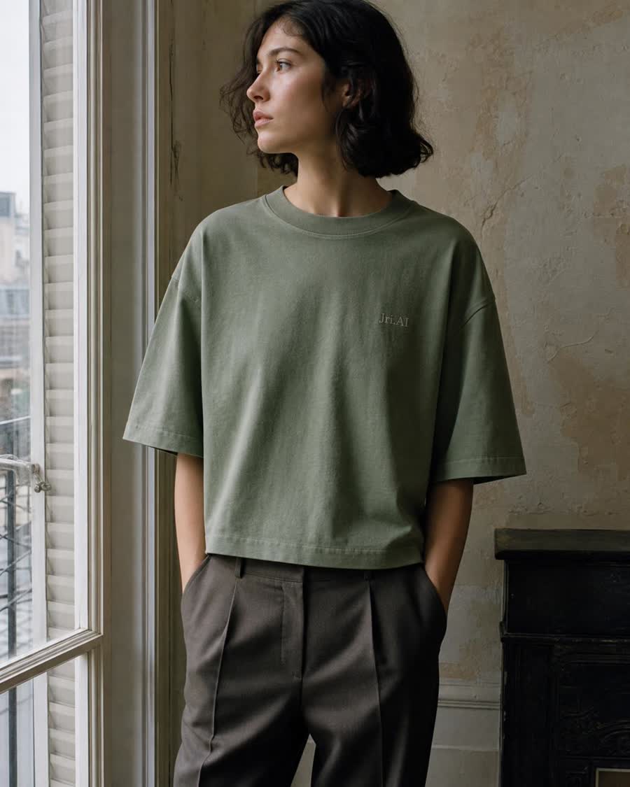Washed sage oversized tee with tiny cream Jri.AI wordmark
