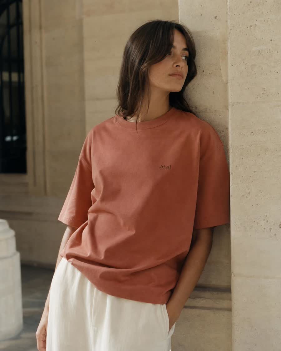 Dusty terracotta oversized tee with tiny black Jri.AI wordmark